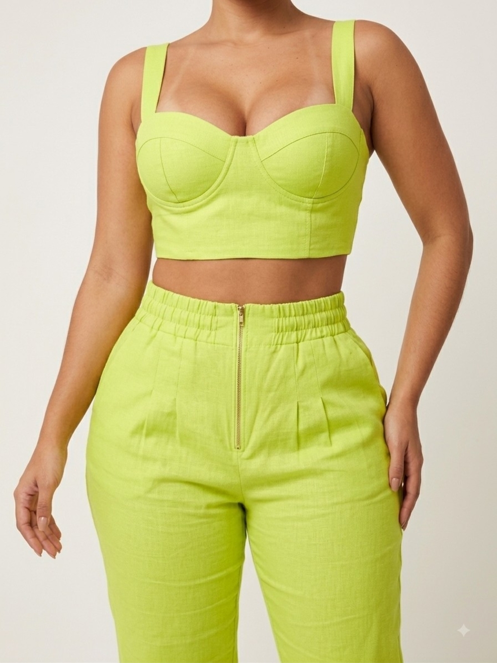 Lime Green High-Waist Straight Leg Pants & Crop Top Set